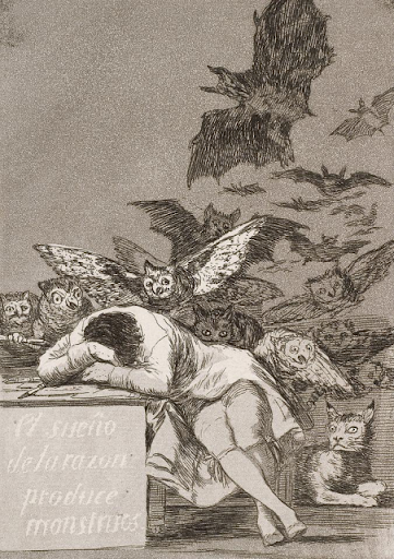 Pintura de Francisco Goya para representar sonhos. Homem apoiado em um muro com diversas corujas o atacando, além de um gato ao seu lado olhando para frente. Na mureta, é possível ler "o sonho da razão produz monstros" em espanhol.